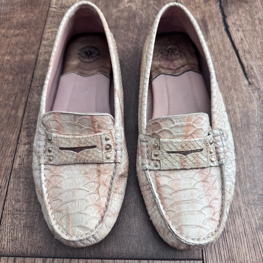 Johnston & Murphy Maggie Penny Driver Loafers - Taupe Snake Print Moccasin Sz 7